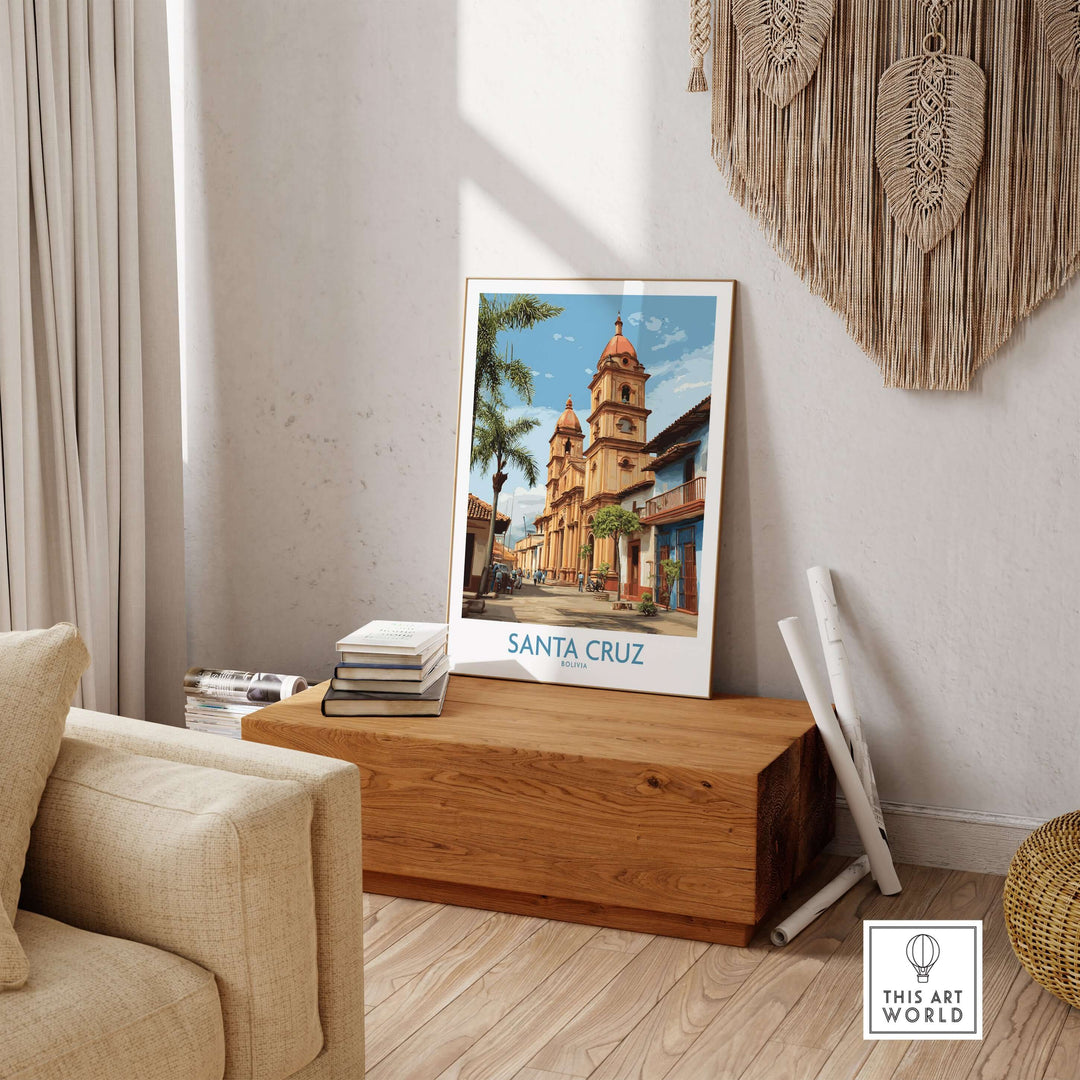 Santa Cruz Bolivia Art Print | Tropical City Poster displayed in a stylish living room setting.