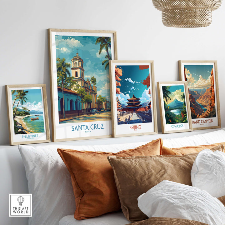 Santa Cruz Bolivia Tropical Street Art Print | Historic Church Poster among framed travel posters on a stylish shelf.