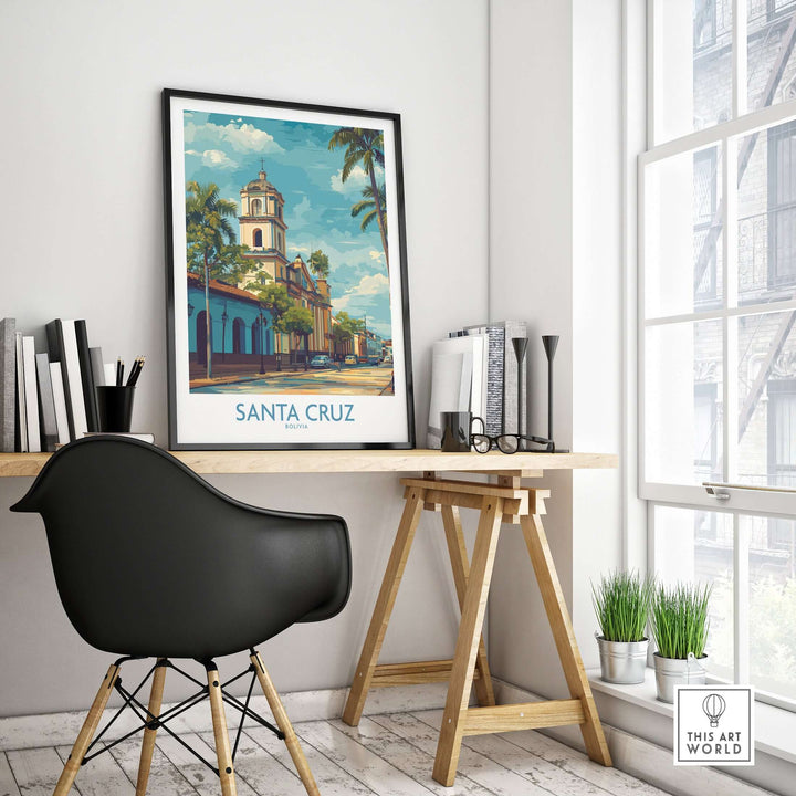 Santa Cruz Bolivia Tropical Street Art Print | Historic Church Poster displayed in a modern workspace with greenery.
