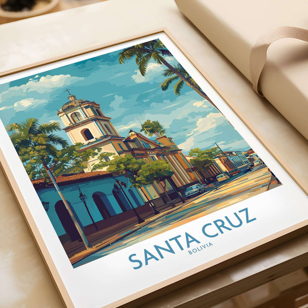 Santa Cruz Bolivia Tropical Street Art Print | Historic Church Poster featuring vibrant street scene and lush palm trees.