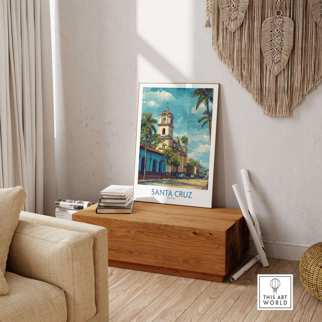 Santa Cruz Bolivia Tropical Street Art Print | Historic Church Poster displayed in a stylish living room setting.