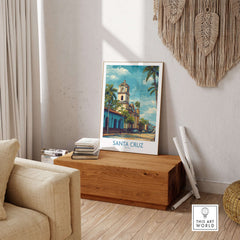 Santa Cruz Bolivia Tropical Street Art Print | Historic Church Poster displayed in a stylish living room setting.