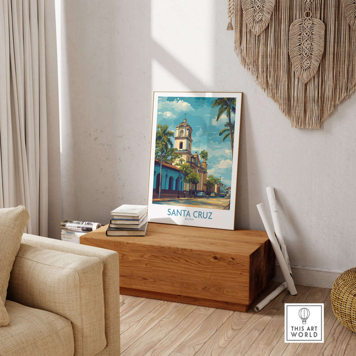 Santa Cruz Bolivia Tropical Street Art Print | Historic Church Poster displayed in a stylish living room setting.