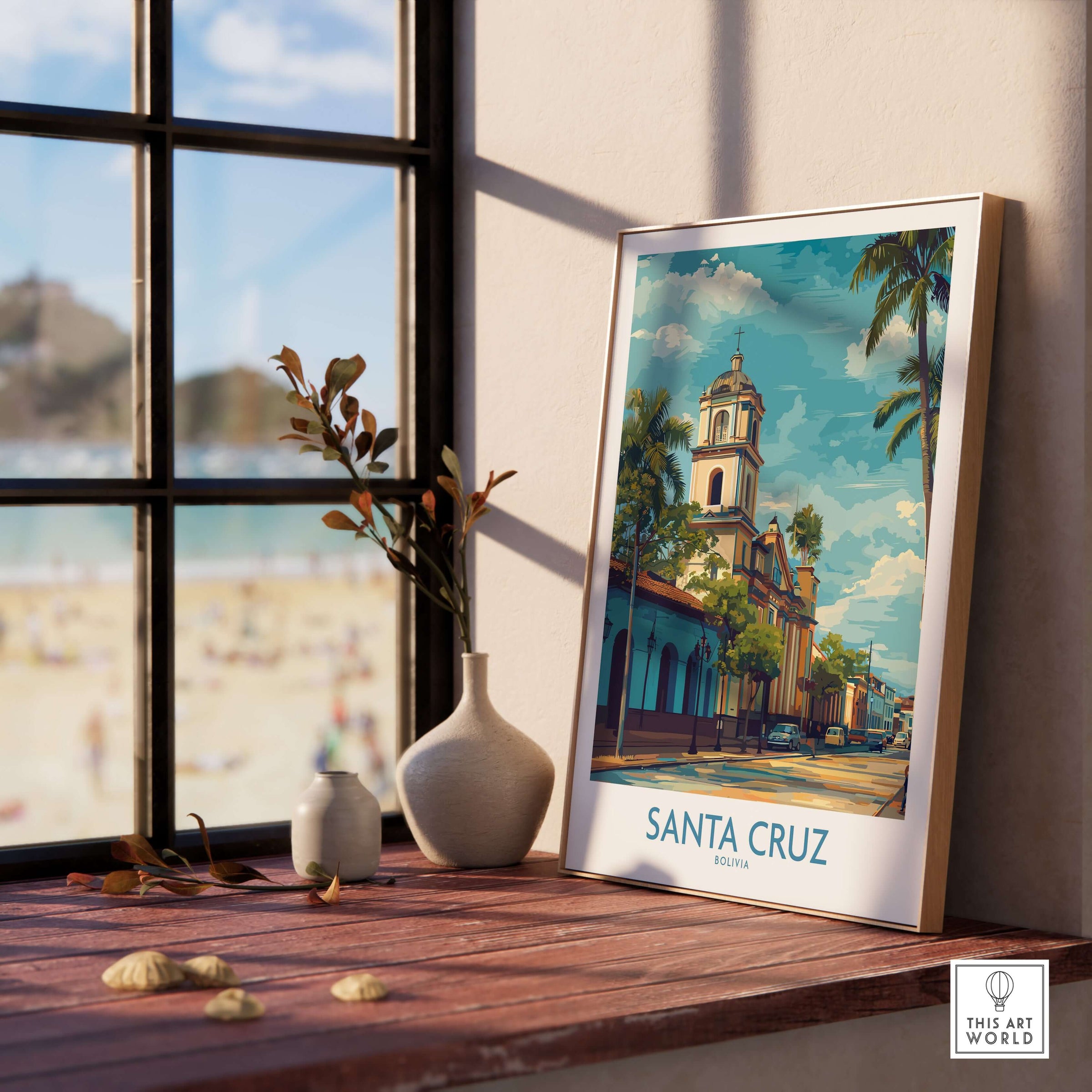 Santa Cruz Bolivia Tropical Street Art Print | Historic Church Poster displayed in a sunlit room with beach view.