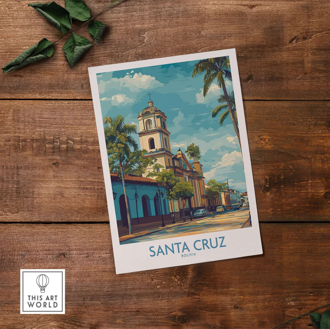Santa Cruz Bolivia Tropical Street Art Print | Historic Church Poster showcasing vibrant architecture and tropical elements.