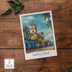 Santa Cruz Bolivia Tropical Street Art Print | Historic Church Poster on wooden background with palm leaves