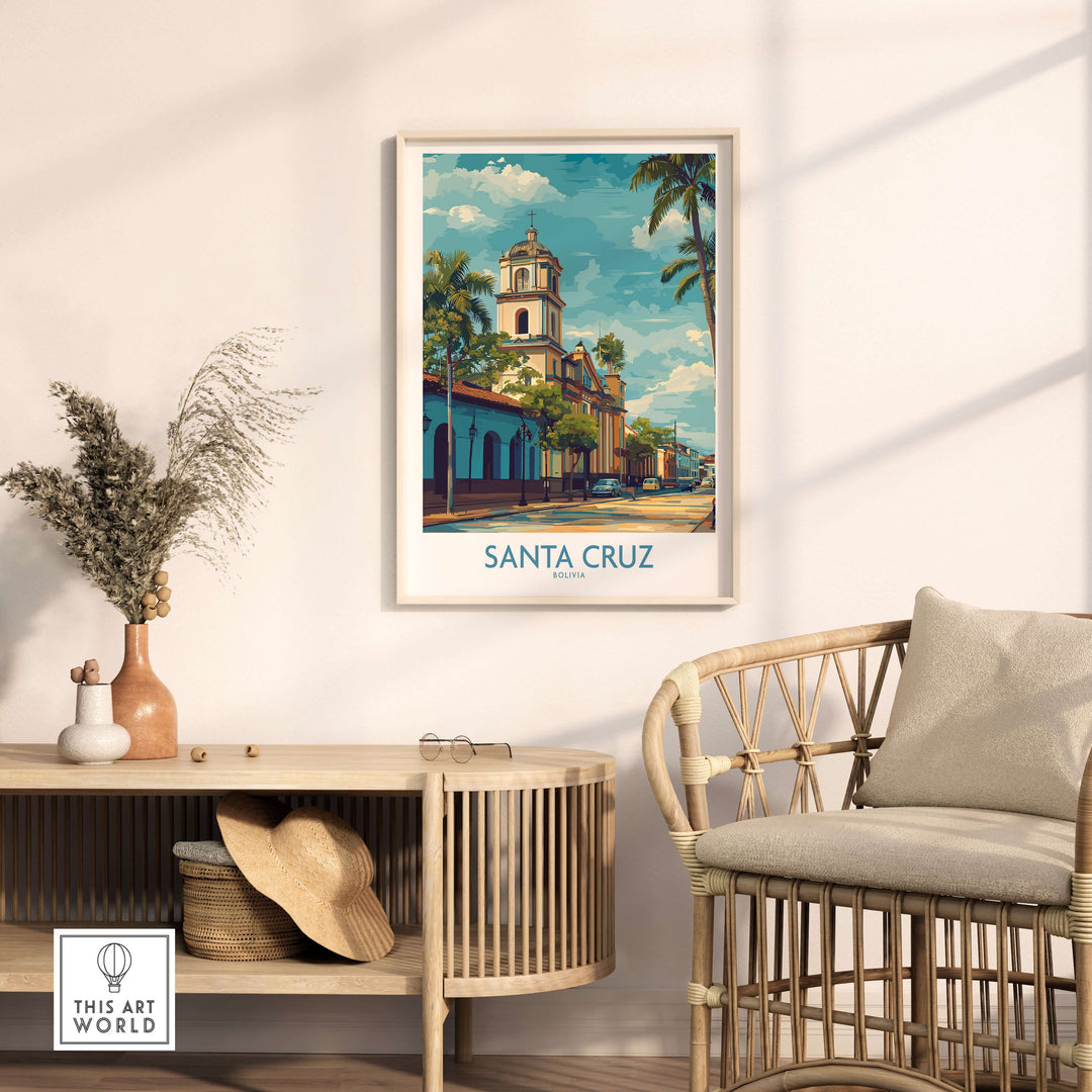 Santa Cruz Bolivia Tropical Street Art Print | Historic Church Poster displayed in a cozy living room setting.