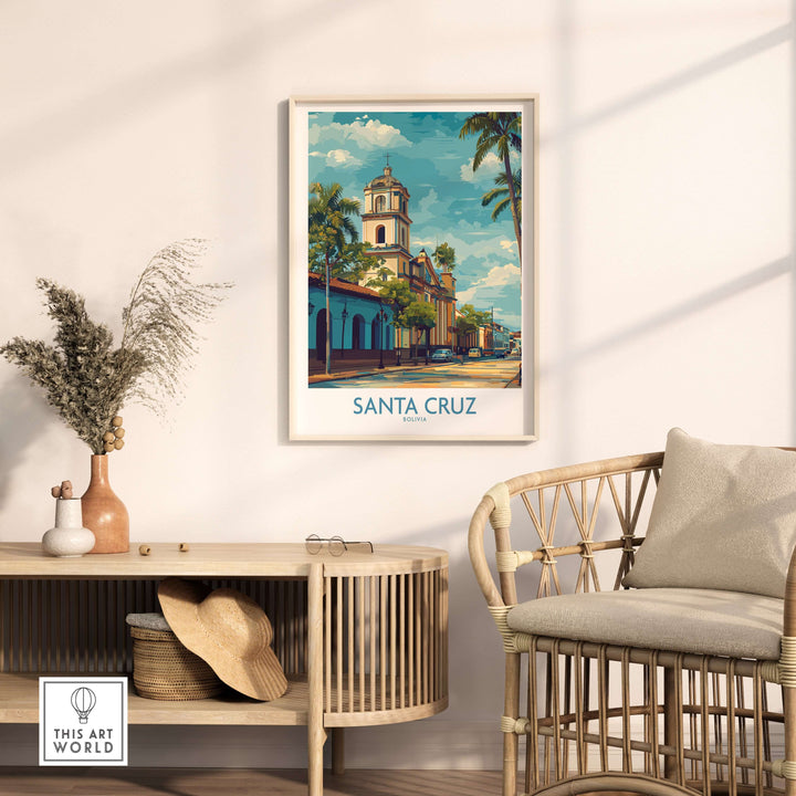 Santa Cruz Bolivia Tropical Street Art Print | Historic Church Poster displayed in a cozy living room setting.