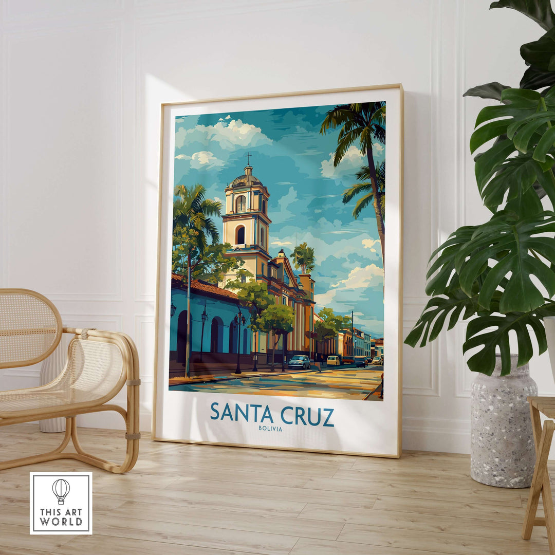 Santa Cruz Bolivia Tropical Street Art Print | Historic Church Poster featuring vibrant street scene and historic church.