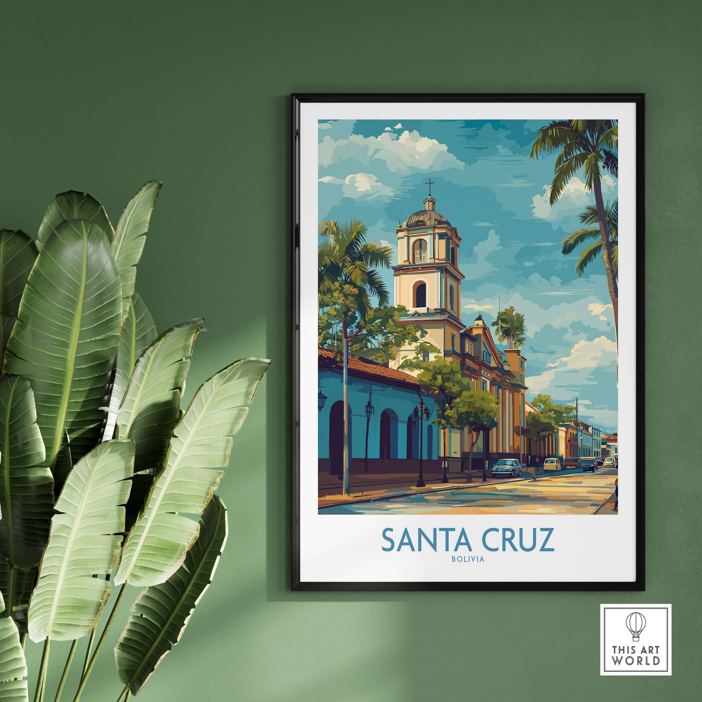 Santa Cruz Bolivia Tropical Street Art Print | Historic Church Poster featuring vibrant architecture and lush palms.