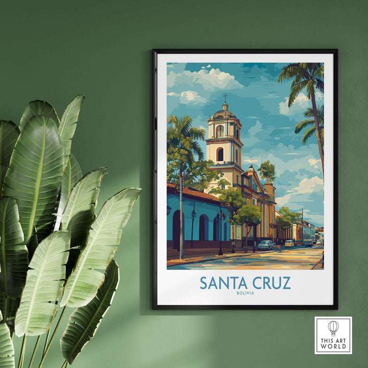 Santa Cruz Bolivia Tropical Street Art Print | Historic Church Poster featuring vibrant architecture and lush greenery.