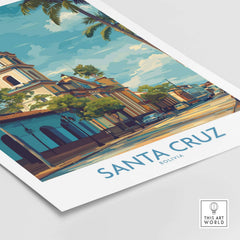 Santa Cruz Bolivia Tropical Street Art Print | Historic Church Poster showcasing vibrant architecture and lush surroundings.