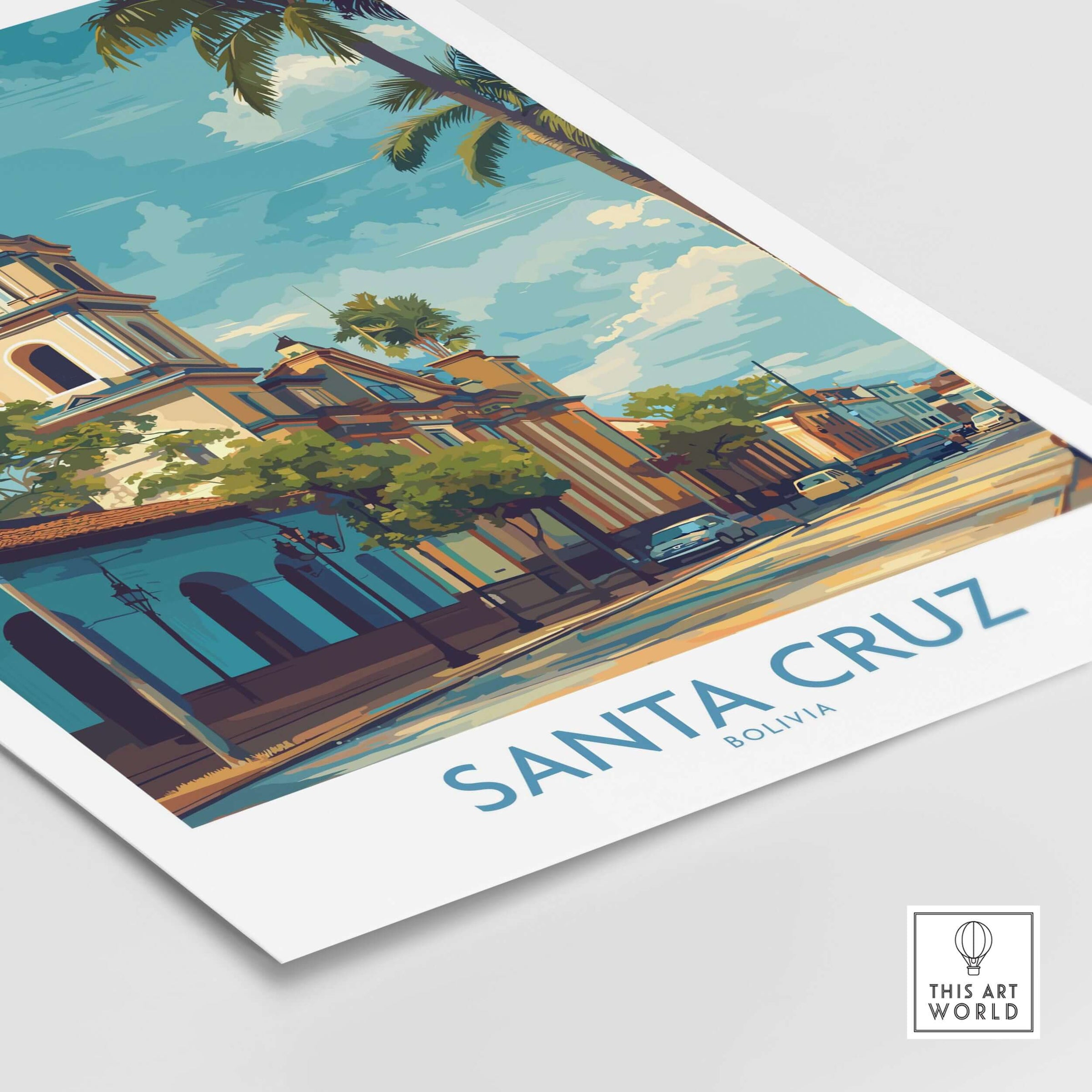Santa Cruz Bolivia Tropical Street Art Print | Historic Church Poster showcasing vibrant architecture and lush surroundings.