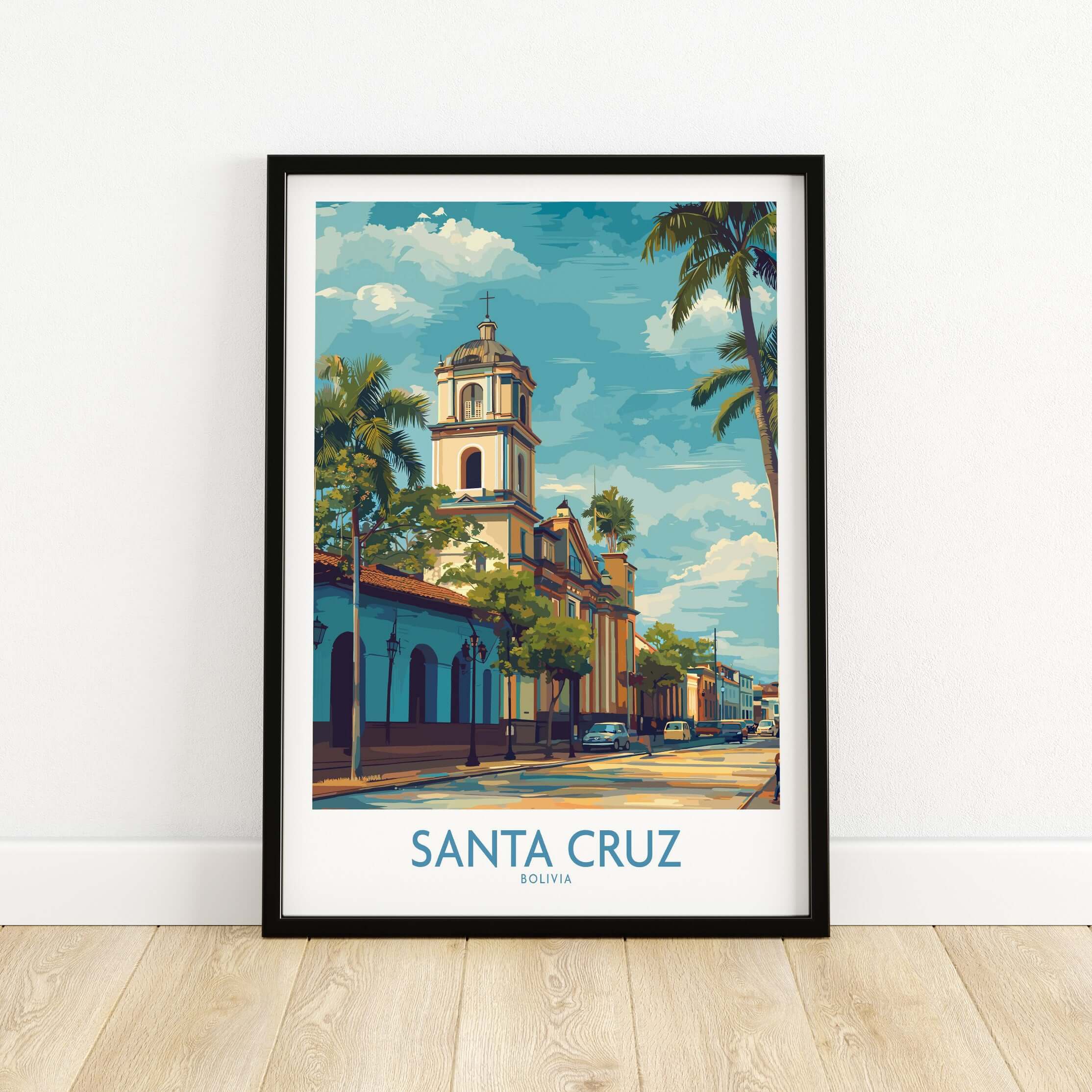 Santa Cruz Bolivia Tropical Street Art Print | Historic Church Poster framed print featuring historic architecture and palm trees.