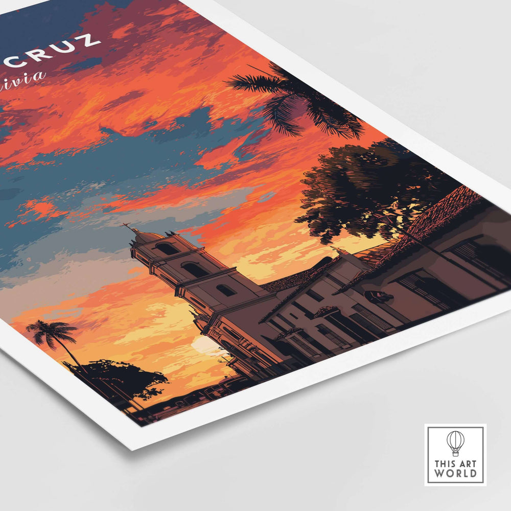 Santa Cruz South America Print | Bolivian City Wall Decor showcasing vibrant sunset and architecture.