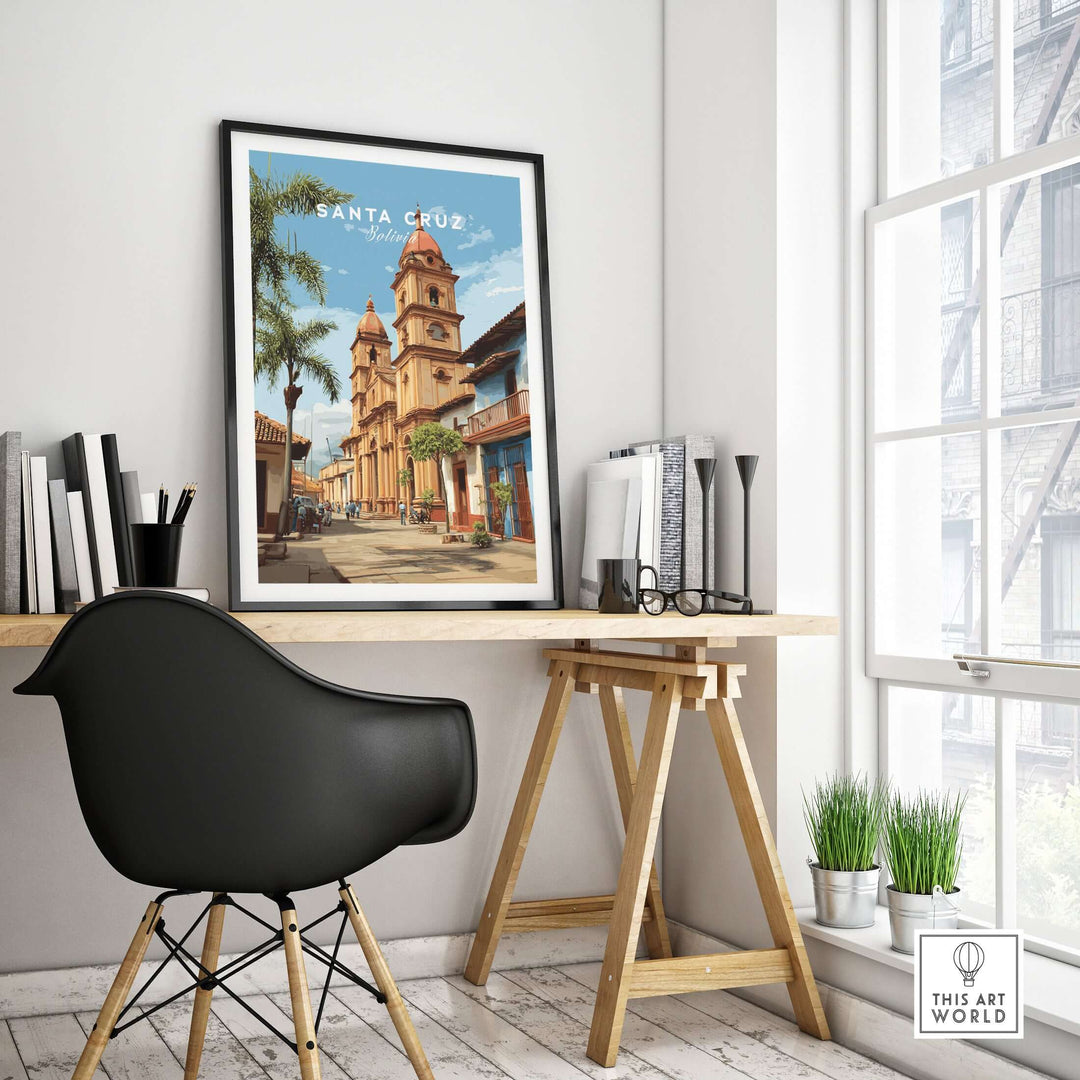 Santa Cruz Poster | Bolivian Travel Wall Art displayed in a modern interior with a stylish black chair and wooden desk.