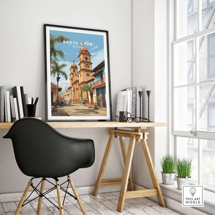 Santa Cruz Poster | Bolivian Travel Wall Art displayed in a modern interior with a stylish black chair and wooden desk.