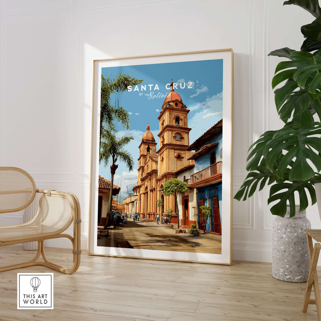 Santa Cruz Poster | Bolivian Travel Wall Art displayed in a modern room with palm leaves and a stylish chair.