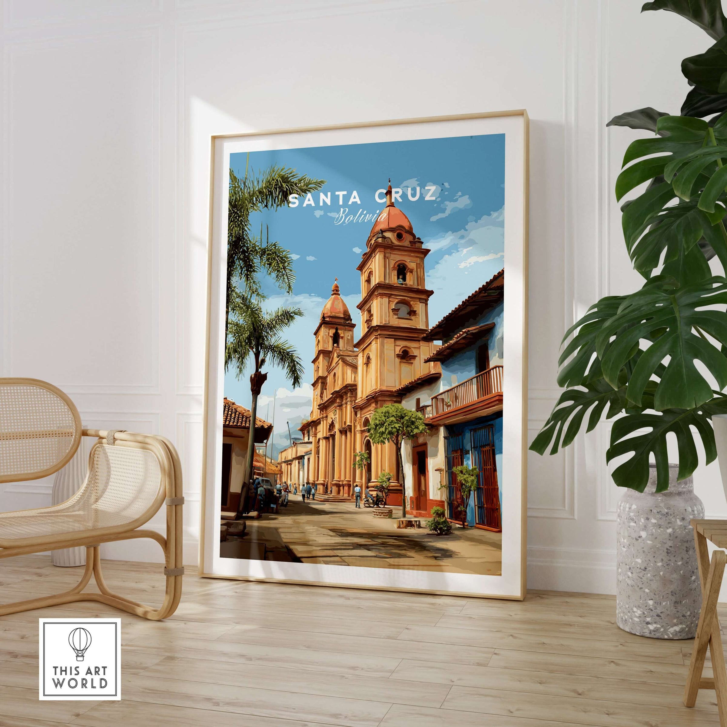Santa Cruz Poster | Bolivian Travel Wall Art showcasing iconic architecture and vibrant culture in a stylish interior setting.