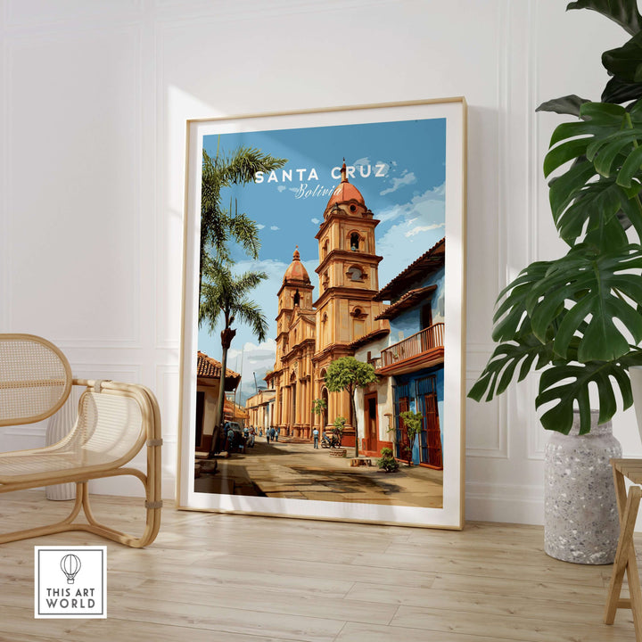 Santa Cruz Poster | Bolivian Travel Wall Art displayed in a modern room with palm leaves and a stylish chair.
