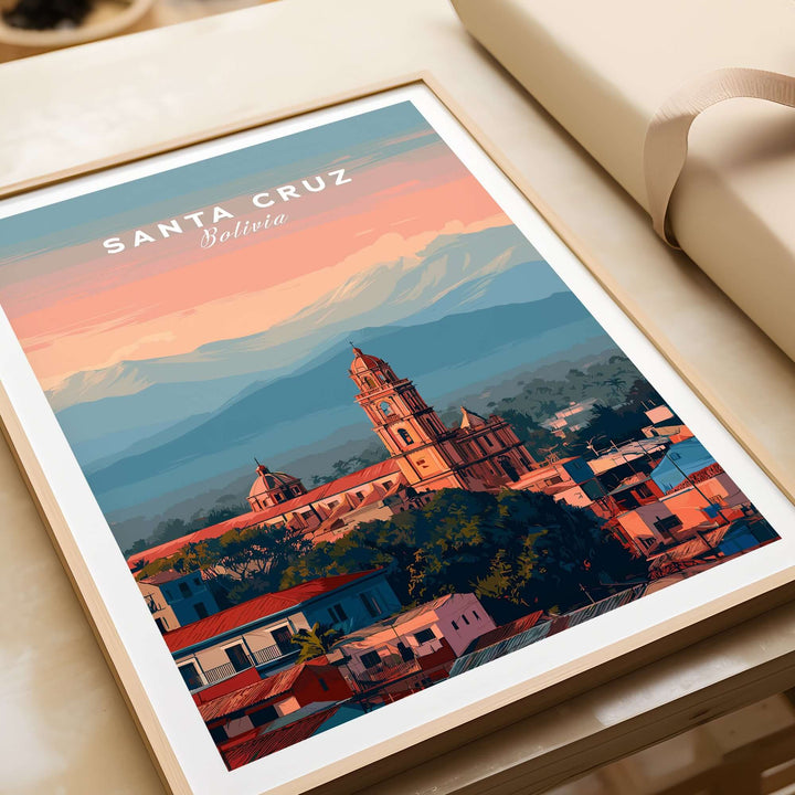 Santa Cruz City Print | Bolivian Home Wall Art featuring vibrant cityscape and mountains in warm colors.
