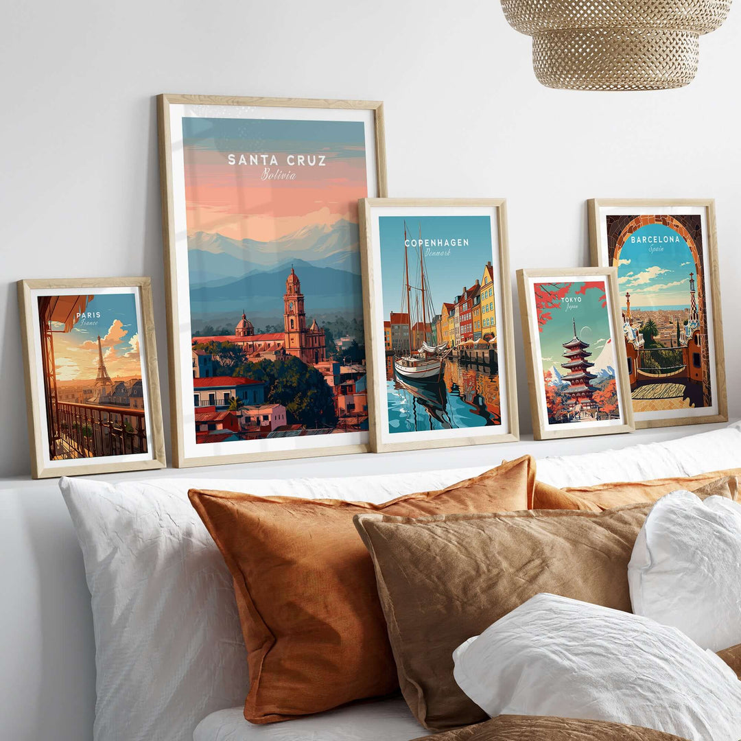 Santa Cruz City Print | Bolivian Home Wall Art displayed in frames on a cozy sofa, enhancing home decor with cultural charm.