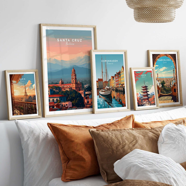 Santa Cruz City Print | Bolivian Home Wall Art displayed in frames on a cozy sofa, enhancing home decor with cultural charm.