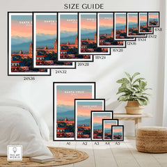Santa Cruz City Print | Bolivian Home Wall Art size guide showcasing various frame sizes and home decor options.