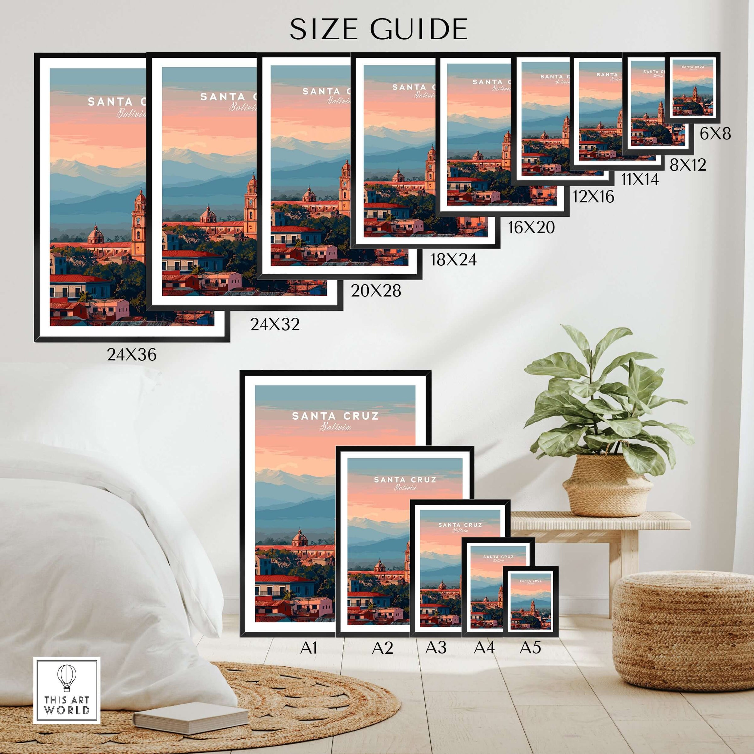 Santa Cruz City Print | Bolivian Home Wall Art size guide showcasing various frame sizes and home decor options.