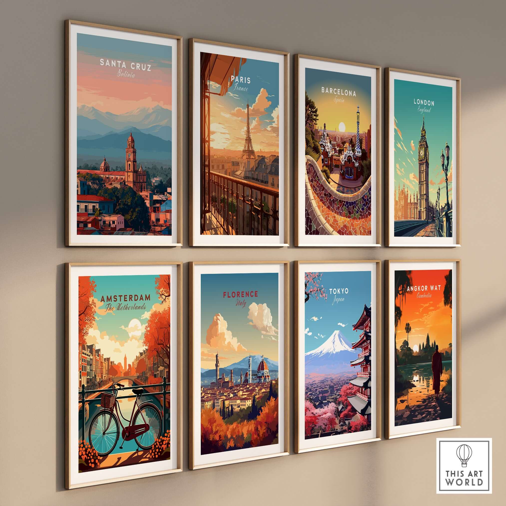 Santa Cruz City Print | Bolivian Home Wall Art displayed among vibrant city prints, showcasing global landmarks and urban charm.