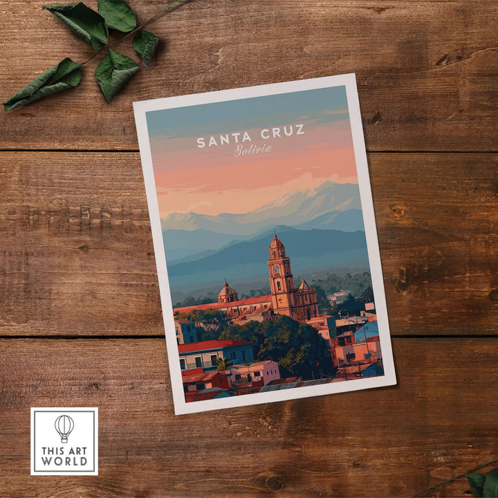 Santa Cruz City Print | Bolivian Home Wall Art showcasing a colorful view of Santa Cruz, Bolivia, on a wooden background.