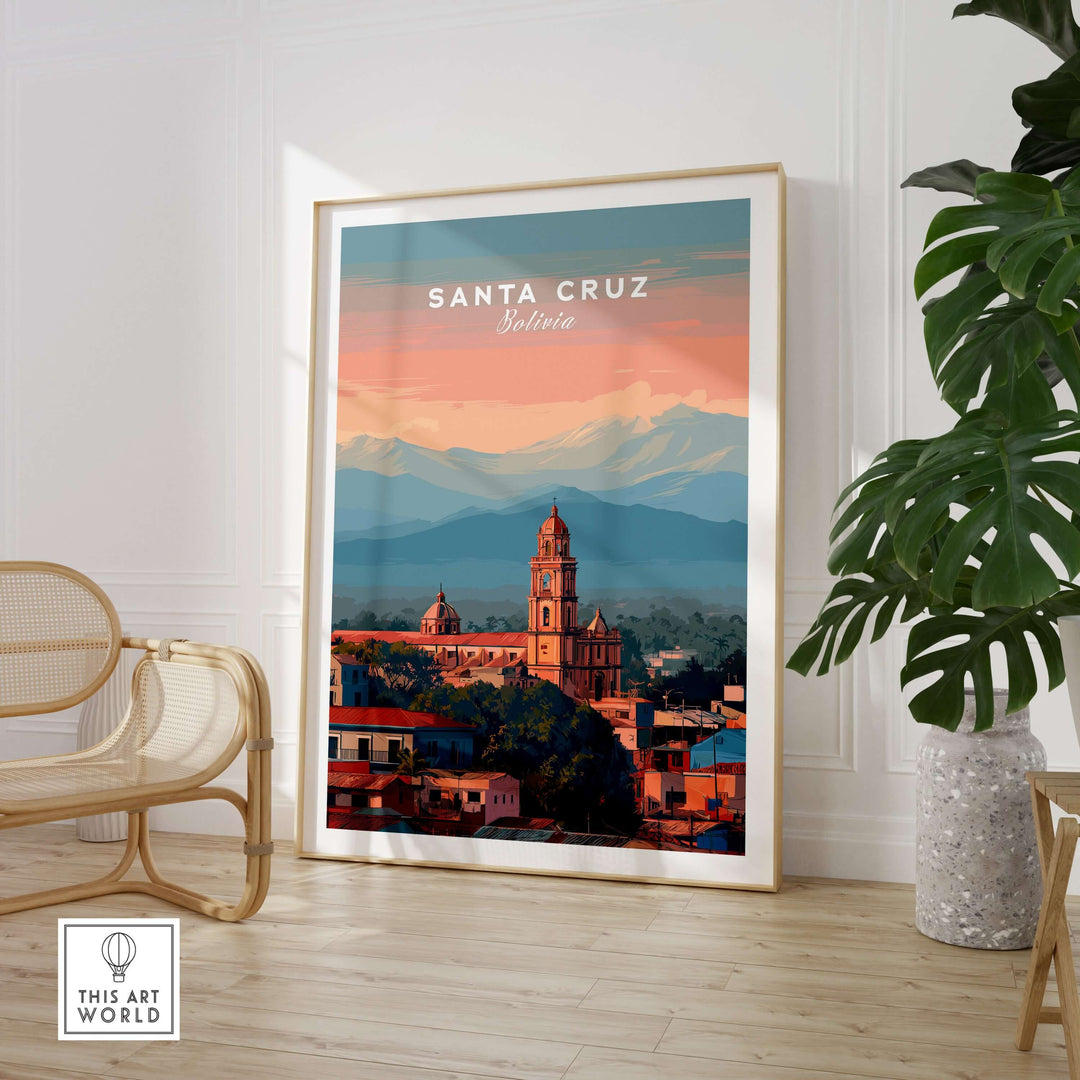 Santa Cruz City Print | Bolivian Home Wall Art showcasing vibrant architecture and mountains in a stylish setting.