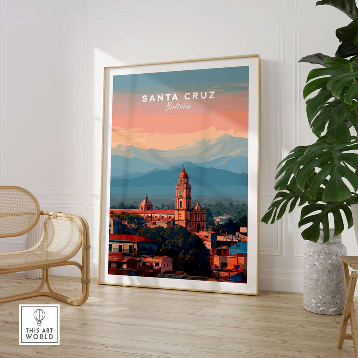 Santa Cruz City Print | Bolivian Home Wall Art showcasing vibrant architecture and mountains in a stylish setting.