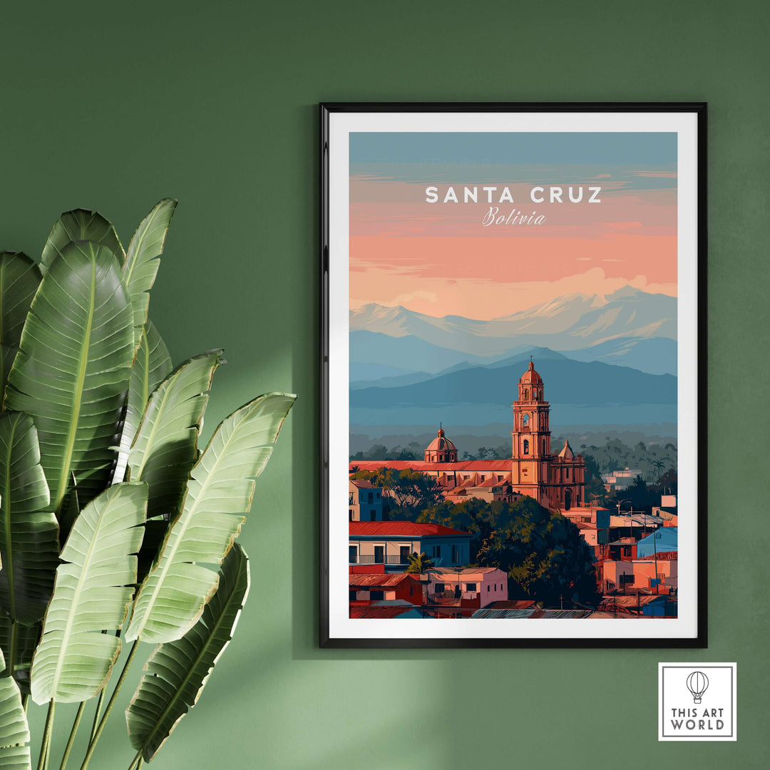 Santa Cruz City Print | Bolivian Home Wall Art showcasing vibrant architecture and mountainous backdrop.