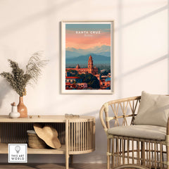 Santa Cruz City Print | Bolivian Home Wall Art displayed in a stylish living room with mountain backdrop.