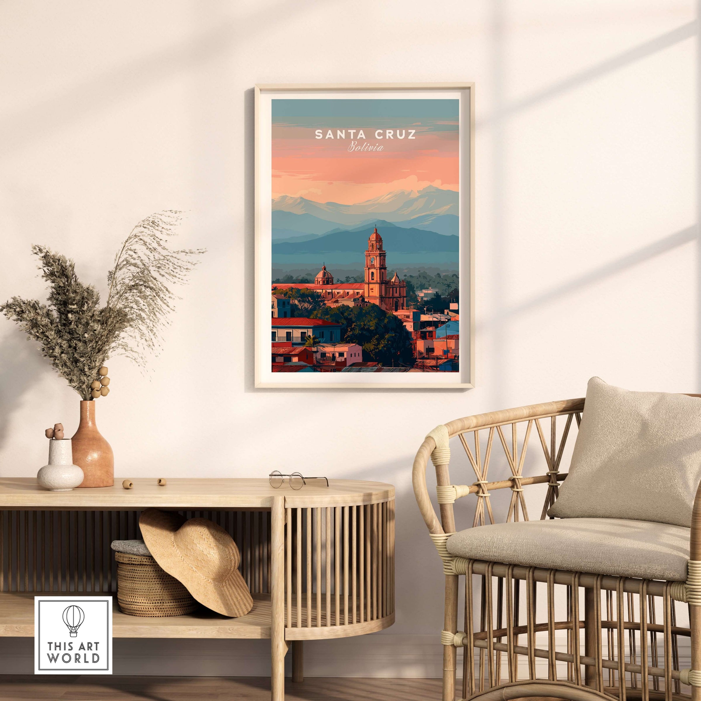 Santa Cruz City Print | Bolivian Home Wall Art displayed in a stylish living room with mountain backdrop.
