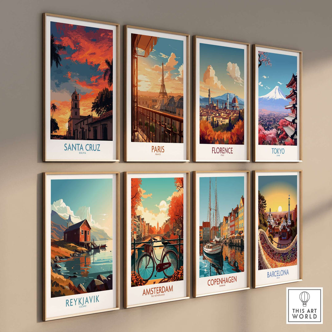 Santa Cruz Bolivia Sunset Art Print | Palm Trees Church Poster among travel art prints on a gallery wall.