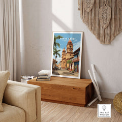 Santa Cruz Poster | Bolivian Travel Wall Art displayed in a cozy living room showcasing vibrant Bolivian culture.