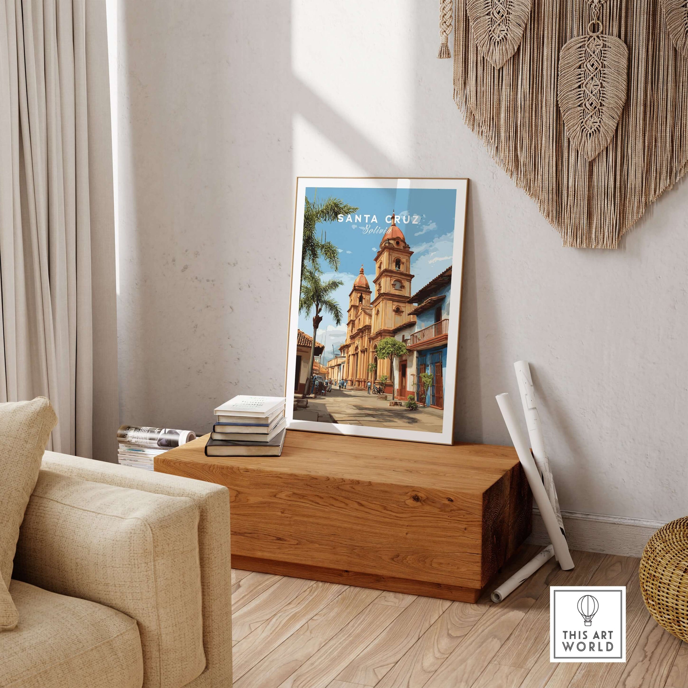 Santa Cruz Poster | Bolivian Travel Wall Art displayed in a cozy living room showcasing vibrant Bolivian culture.