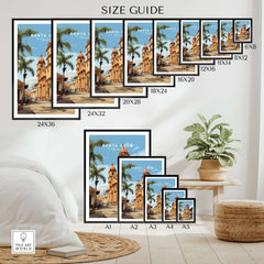 Santa Cruz Poster | Bolivian Travel Wall Art size guide showcasing various frame sizes and styles for wall display.