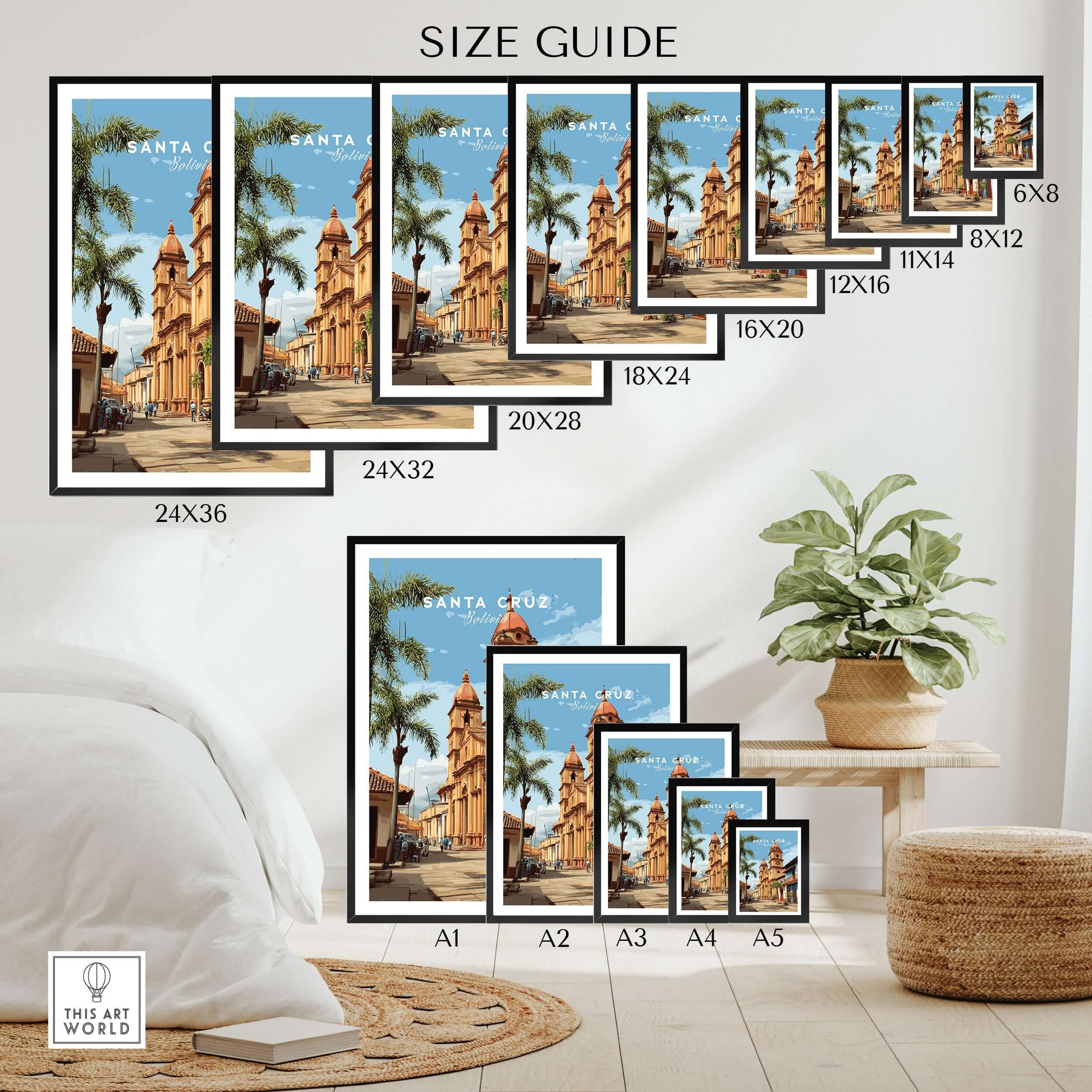 Santa Cruz Poster | Bolivian Travel Wall Art size guide showcasing various frame sizes and styles for wall display.