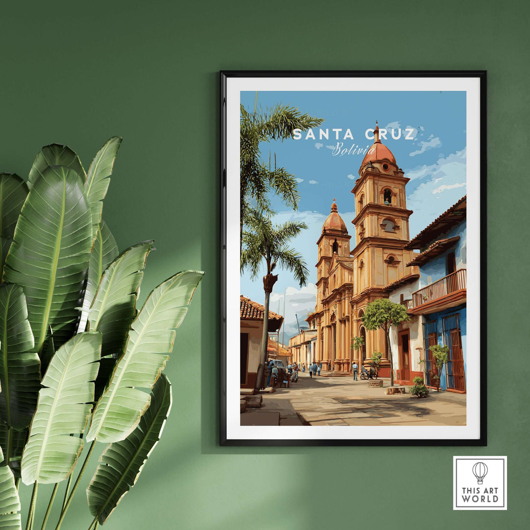 Santa Cruz Poster | Bolivian Travel Wall Art showcasing vibrant Bolivian culture and architecture in a stylish interior.
