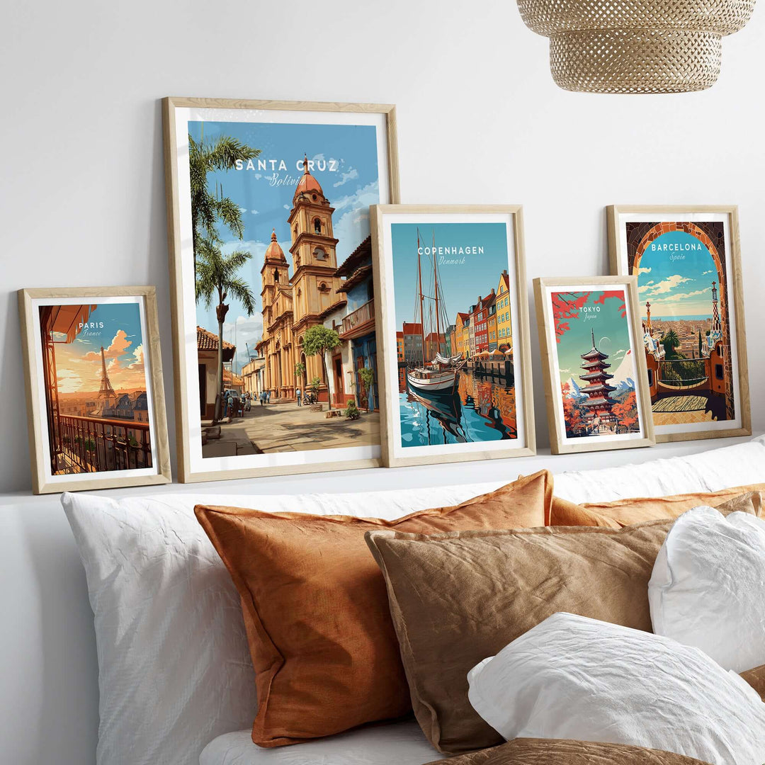 Santa Cruz Poster | Bolivian Travel Wall Art displayed among other city posters in a stylish interior setting.