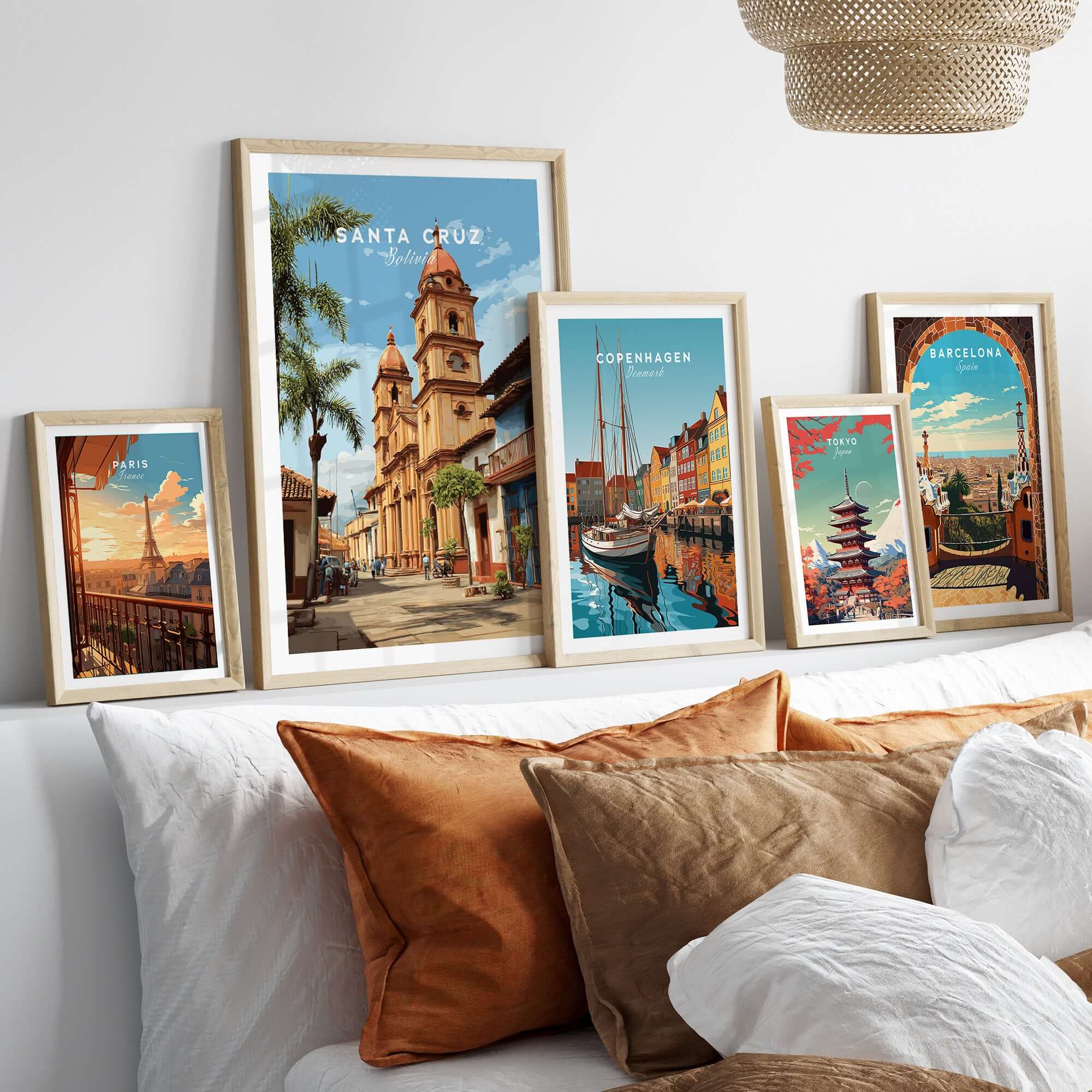Santa Cruz Poster | Bolivian Travel Wall Art displayed among other city posters in a stylish interior setting.