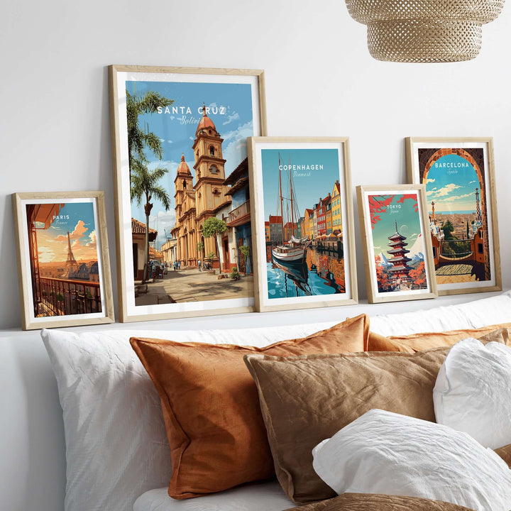 Santa Cruz Poster | Bolivian Travel Wall Art displayed among other city posters in a stylish interior setting.