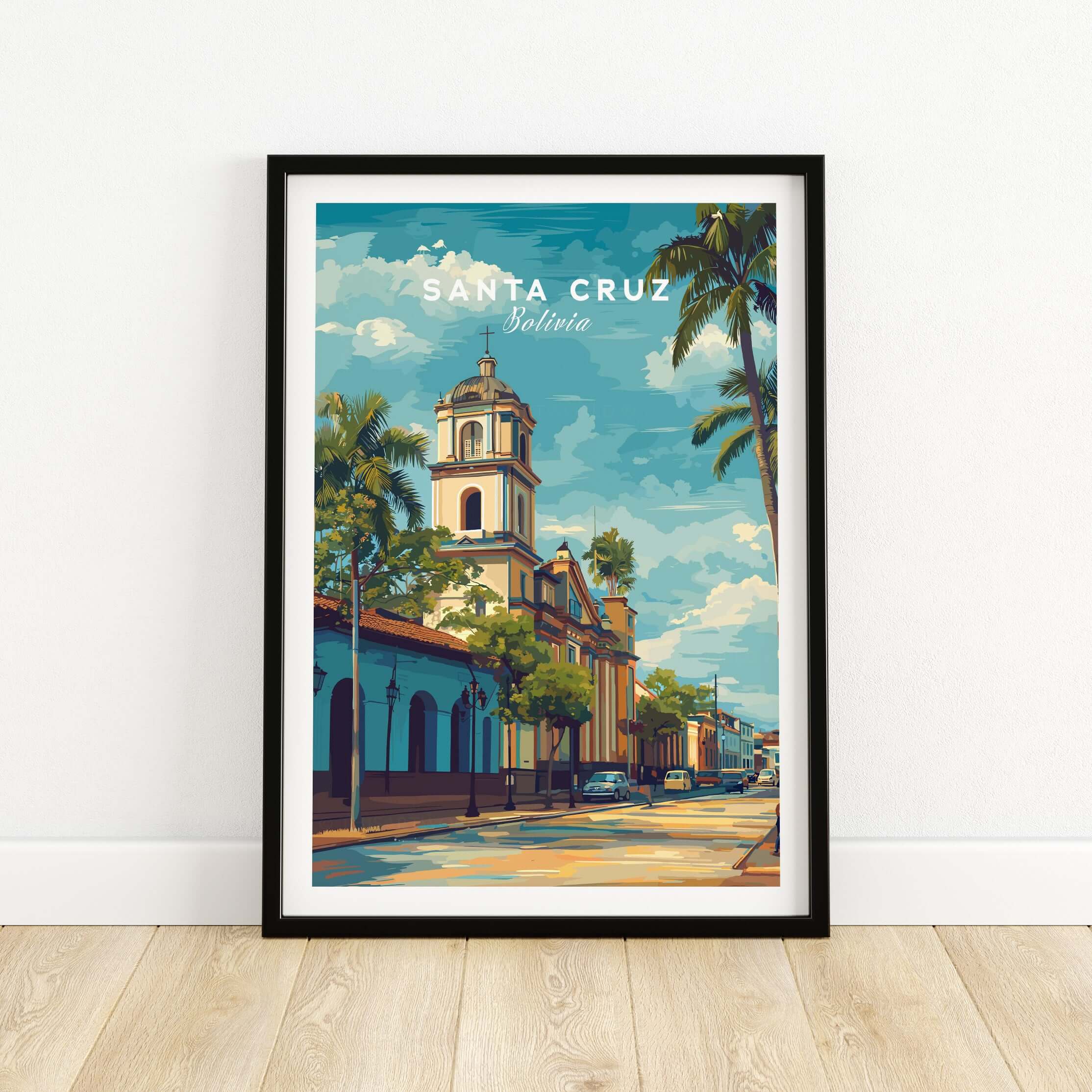 Santa Cruz Print | Bolivian Travel Wall Decor featuring vibrant street scene and iconic architecture.