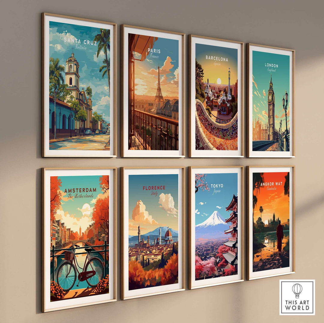 Santa Cruz Print | Bolivian Travel Wall Decor and travel posters from various cities framed on a wall.