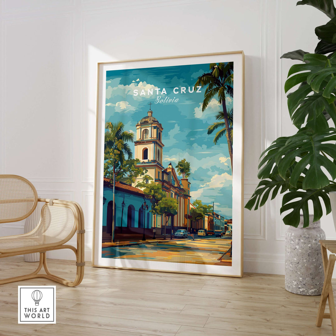Santa Cruz Print | Bolivian Travel Wall Decor showcasing vibrant architecture and palm trees in a stylish interior.