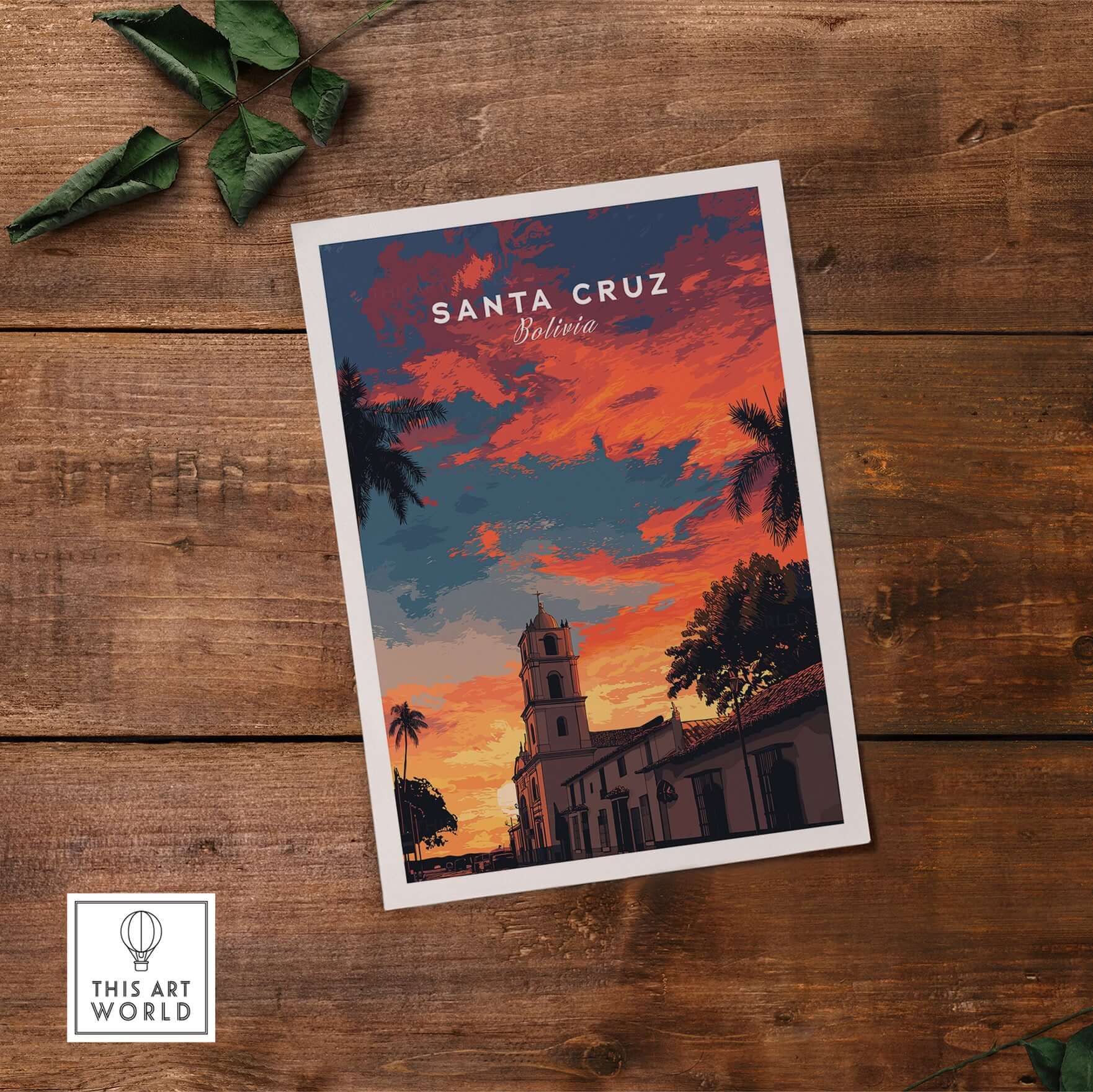 Santa Cruz South America Print | Bolivian City Wall Decor featuring a vibrant sunset and iconic architecture.