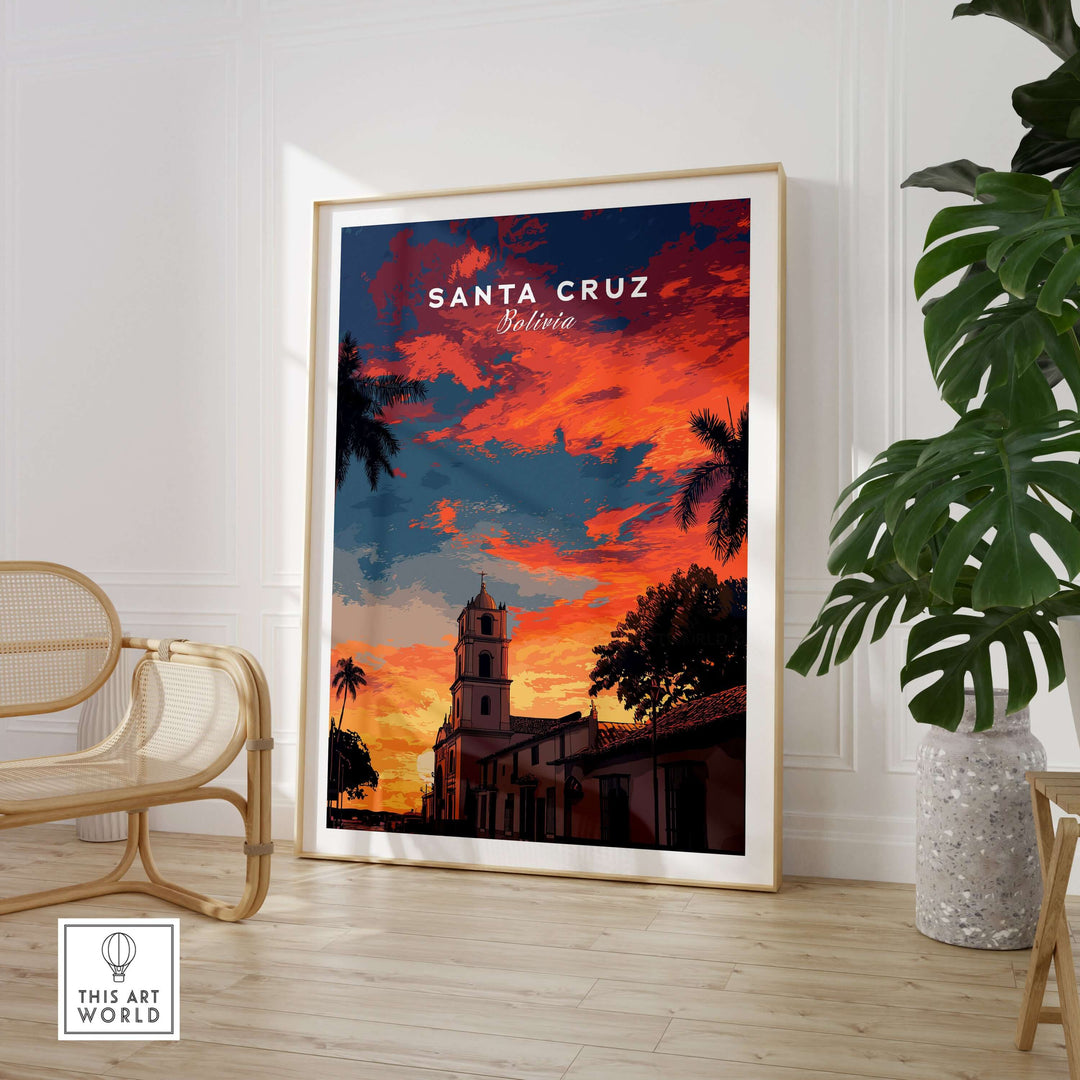 Santa Cruz South America Print | Bolivian City Wall Decor featuring a vibrant sunset and architectural details.